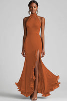 Laden Sie das Bild in den Galerie-Viewer, Schwarzes Meerjungfrau Langes Neckholder Rüschen Abendkleid mit Schlitz