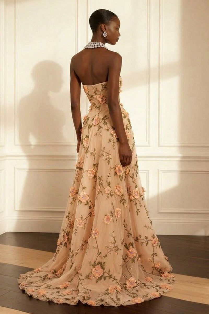 Laden Sie das Bild in den Galerie-Viewer, Lila Trägerloses Appliziertes Langes Ballkleid in A-Linie mit 3D-Blumen