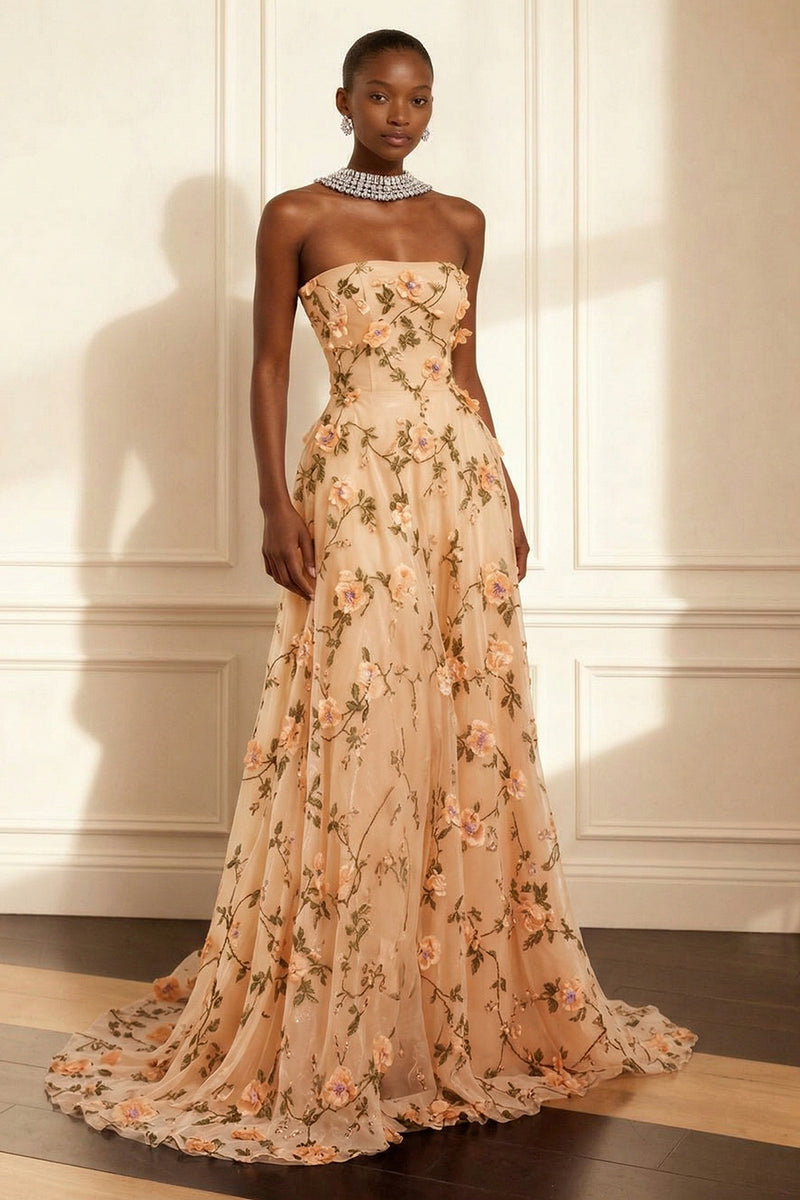 Laden Sie das Bild in den Galerie-Viewer, Lila Trägerloses Appliziertes Langes Ballkleid in A-Linie mit 3D-Blumen