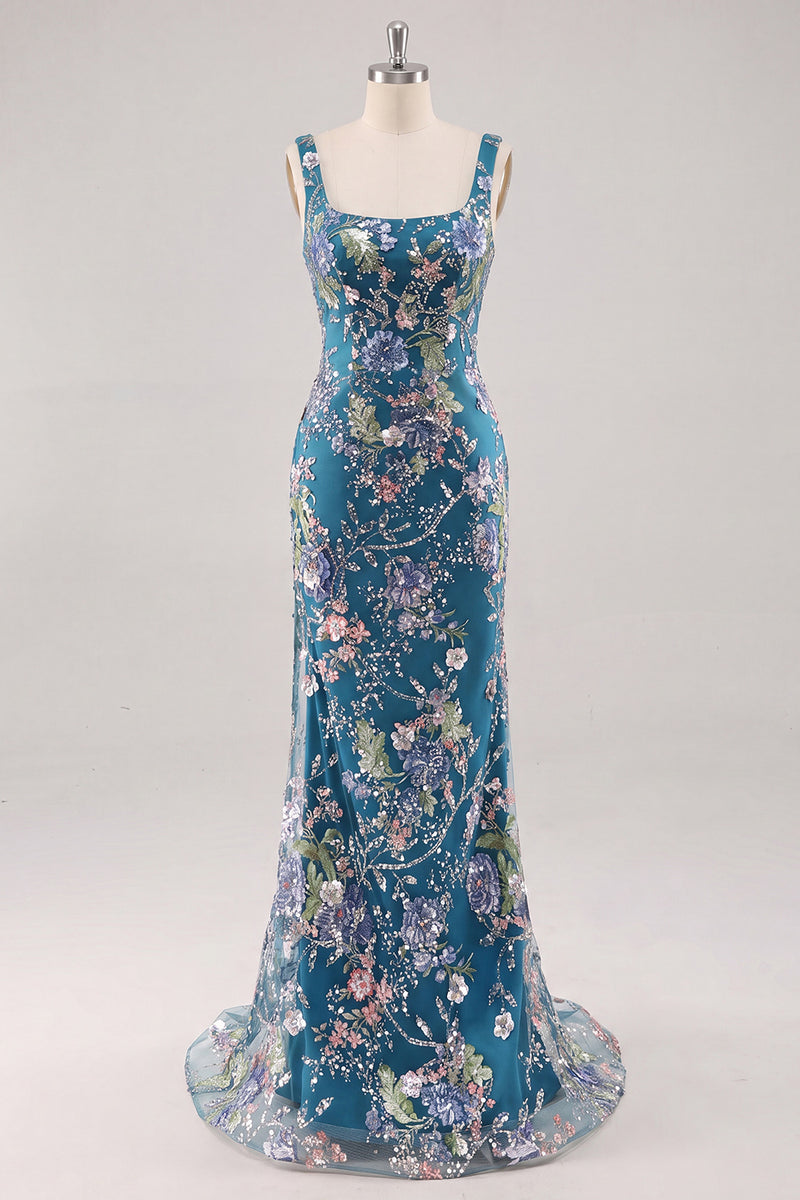 Laden Sie das Bild in den Galerie-Viewer, Rosa Meerjungfrauen Strass Langes Ballkleid mit quadratischem Ausschnitt