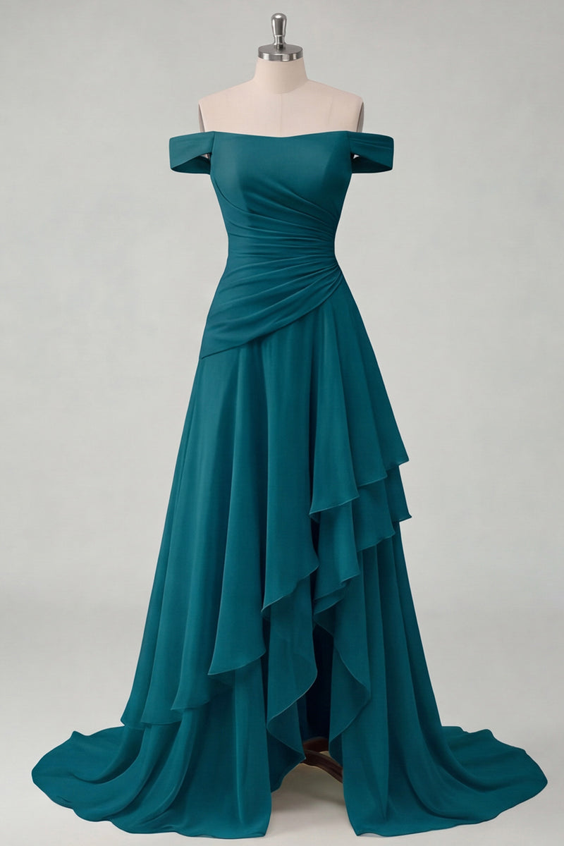 Laden Sie das Bild in den Galerie-Viewer, Schulterfreies Chiffon Buttergelbes A-Linie Gerafftes Maxikleid mit Schlitz