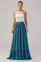 Laden Sie das Bild in den Galerie-Viewer, Weißes Schlüsselloch Boho Chiffon Langes Brautjungfernkleid mit Spitze