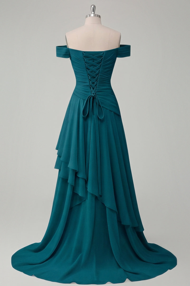 Laden Sie das Bild in den Galerie-Viewer, Schulterfreies Chiffon Buttergelbes A-Linie Gerafftes Maxikleid mit Schlitz