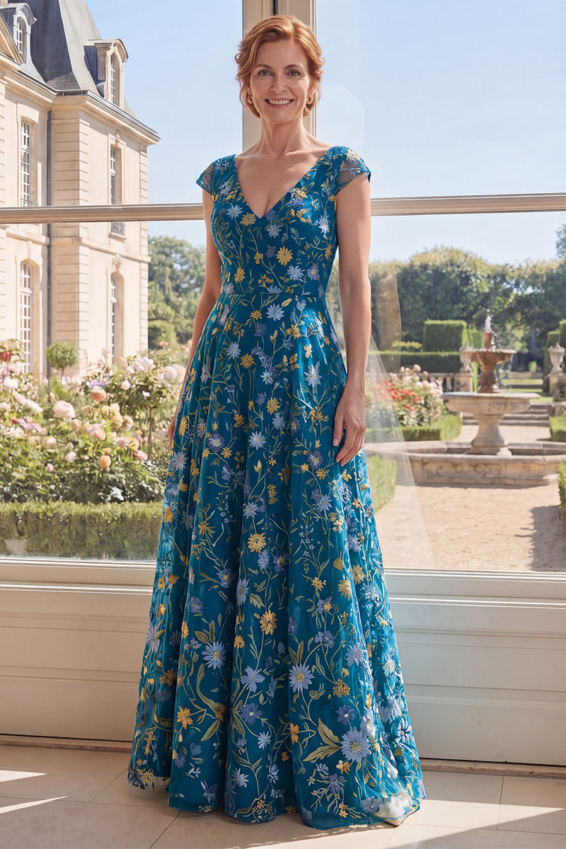 Laden Sie das Bild in den Galerie-Viewer, Grünes A-Linien-Tüll-Stickerei mit V-Ausschnitt langes Mutter-der-Braut-Kleid