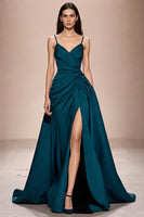 Laden Sie das Bild in den Galerie-Viewer, Dunkelblaues Spaghettiträgern Abendkleid aus Satin in A-Linie mit Schlitz