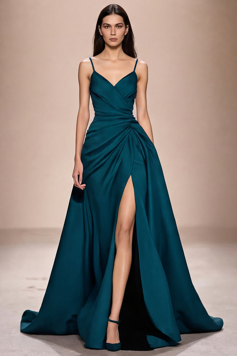Laden Sie das Bild in den Galerie-Viewer, Dunkelblaues Spaghettiträgern Abendkleid aus Satin in A-Linie mit Schlitz