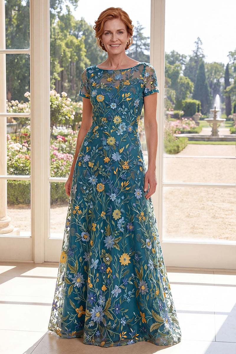 Laden Sie das Bild in den Galerie-Viewer, A-Linie grüner Tüll-Bateau-Hals mit stickendem Mutter-der-Braut-Kleid