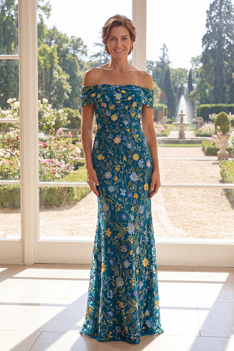 Laden Sie das Bild in den Galerie-Viewer, Schulterloses grünes Meerjungfrauen-Tüll-Kleid der Mutter der Braut