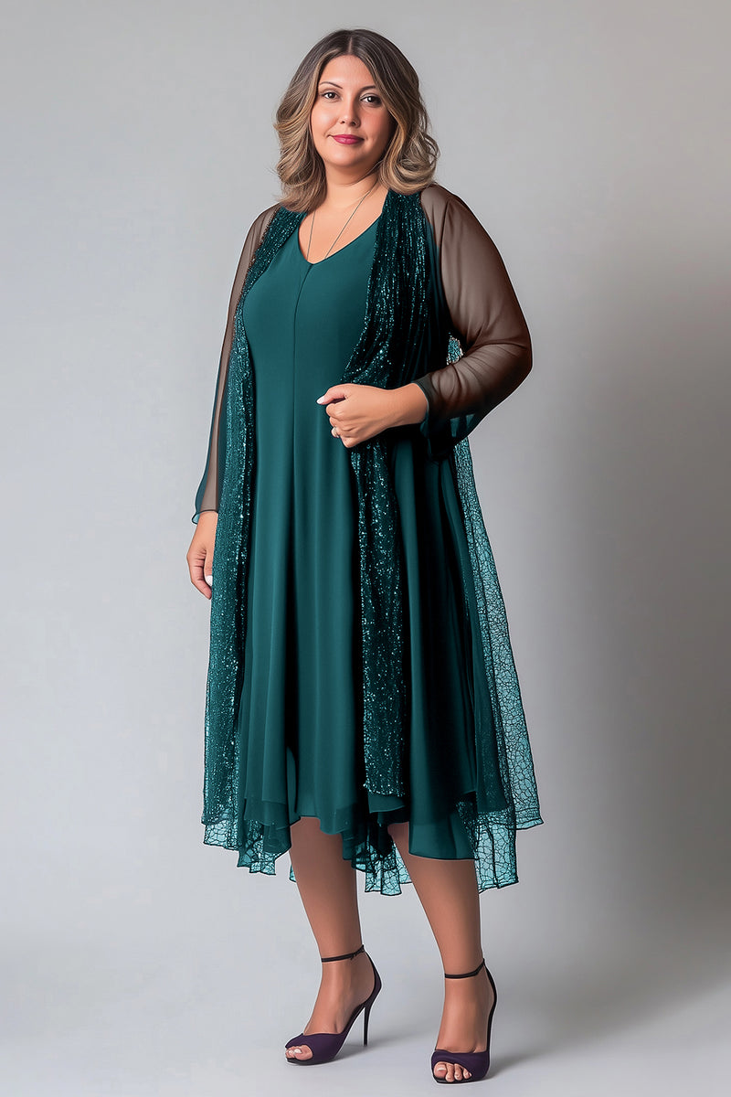 Laden Sie das Bild in den Galerie-Viewer, Glitzerndes lila Chiffon A-Linie V-Ausschnitt Kleid für die Mutter der Braut mit langen Ärmeln