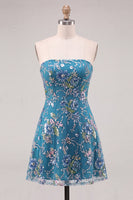 Laden Sie das Bild in den Galerie-Viewer, Trägerloses Rosa A-Linie Blumen Pailletten Kurzes Abendkleid