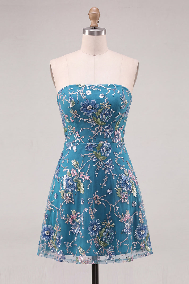Laden Sie das Bild in den Galerie-Viewer, Trägerloses Rosa A-Linie Blumen Pailletten Kurzes Abendkleid