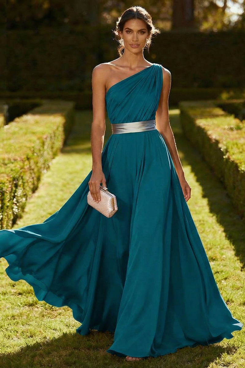 Laden Sie das Bild in den Galerie-Viewer, Eine Schulter Olive A-Linie Chiffon Maxi-Kleid
