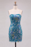 Laden Sie das Bild in den Galerie-Viewer, Rosa Bodycon Trägerloses Blumen Pailletten Kurzes Abendkleid