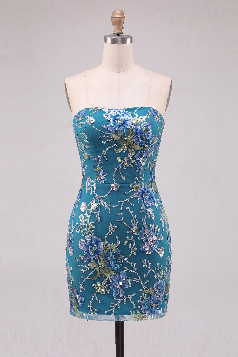Laden Sie das Bild in den Galerie-Viewer, Rosa Bodycon Trägerloses Blumen Pailletten Kurzes Abendkleid