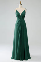 Laden Sie das Bild in den Galerie-Viewer, Pfau A-Linie Spaghettiträger Plissee Chiffon Langes Brautjungfernkleid