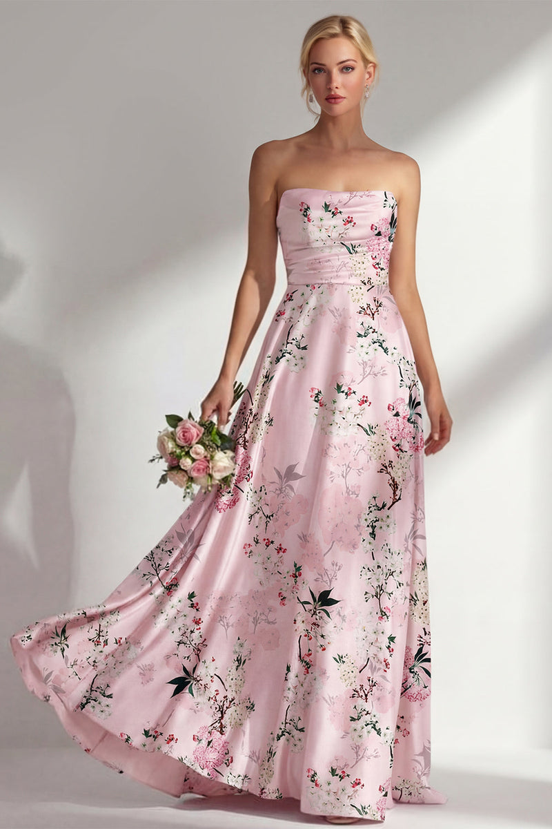 Laden Sie das Bild in den Galerie-Viewer, Blumenblaues, trägerloses, bedrucktes langes Brautjungfernkleid mit A-Linie