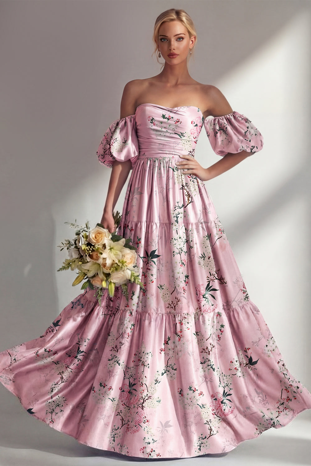 A-Linie pinkes, trägerloses, geblümtes Langbrautjungfernkleid mit Puffärmeln