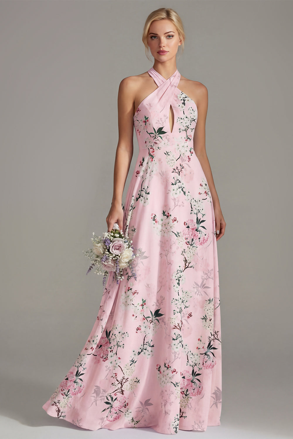 Pinkes A-Linien-Halterhals-Floral-Langbrautjungfernkleid
