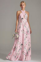 Laden Sie das Bild in den Galerie-Viewer, Pinkes A-Linien-Halterhals-Floral-Langbrautjungfernkleid