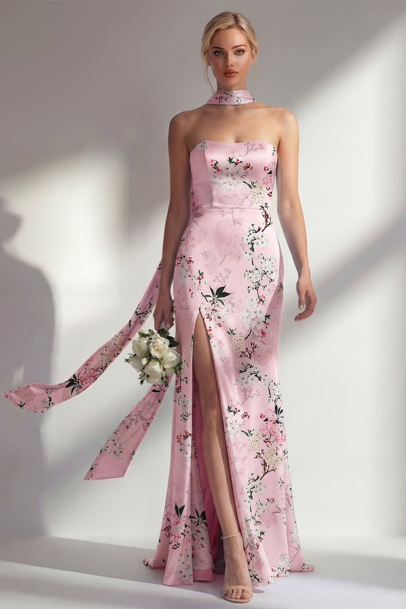 Laden Sie das Bild in den Galerie-Viewer, Meerjungfrauenrosa trägerloses, mit Blumenmuster langes Brautjungfernkleid mit Schlitz