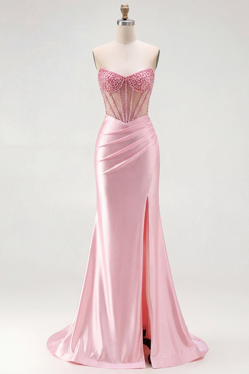 Laden Sie das Bild in den Galerie-Viewer, Rotes Trägerloses Meerjungfrauen Korsett Gerafftes Satin Langes Ballkleid mit Schlitz