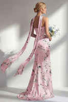 Laden Sie das Bild in den Galerie-Viewer, Meerjungfrauenrosa trägerloses, mit Blumenmuster langes Brautjungfernkleid mit Schlitz