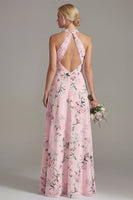 Laden Sie das Bild in den Galerie-Viewer, Pinkes A-Linien-Halterhals-Floral-Langbrautjungfernkleid