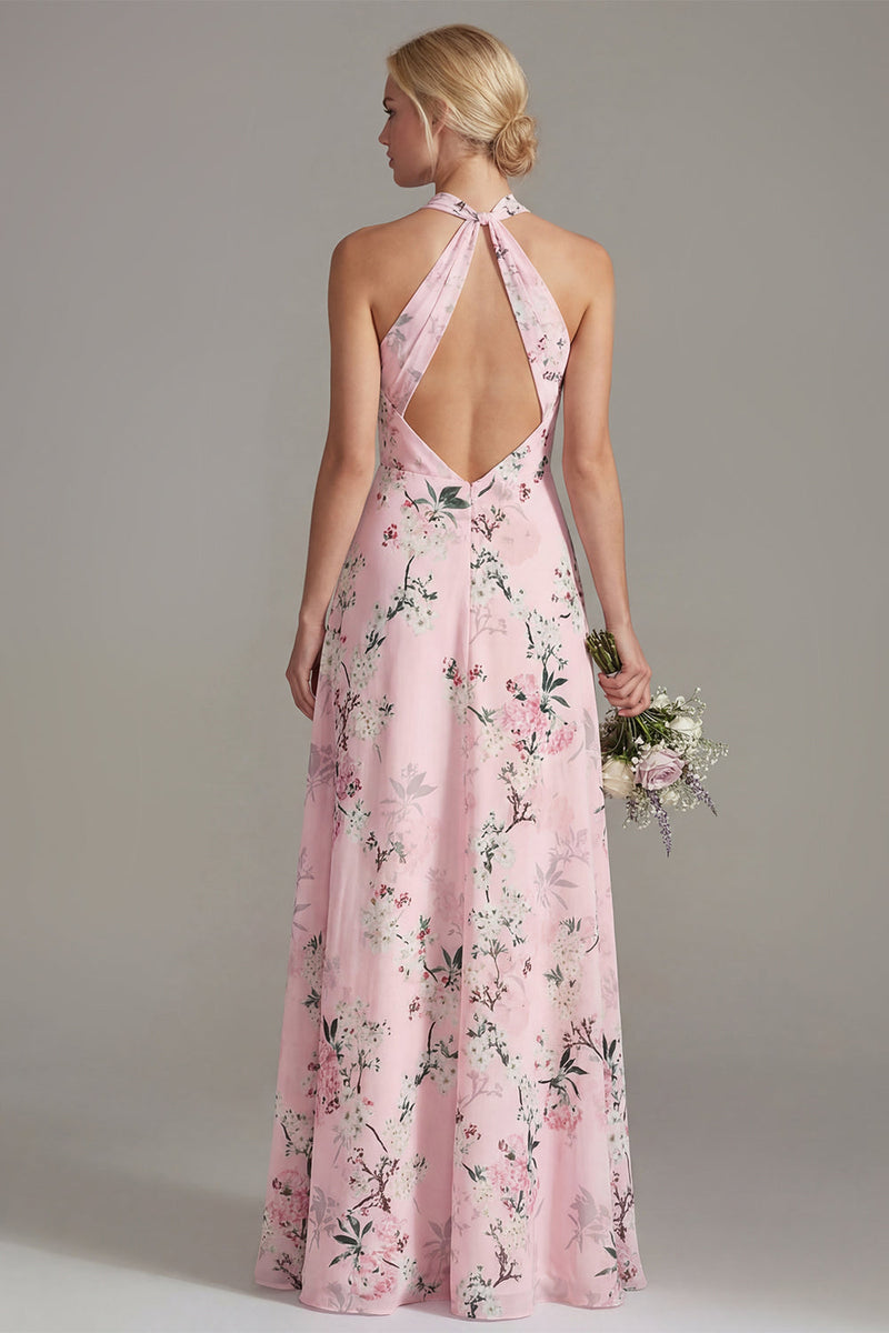 Laden Sie das Bild in den Galerie-Viewer, Pinkes A-Linien-Halterhals-Floral-Langbrautjungfernkleid
