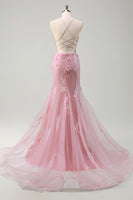 Laden Sie das Bild in den Galerie-Viewer, Blaue Meerjungfrau Spaghettiträger Tüll Langes Korsett Ballkleid mit 3D Blumen