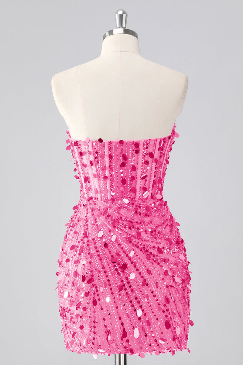 Laden Sie das Bild in den Galerie-Viewer, Glitzerndes Fuchsia Kurzes Trägerloses Enges Korsett Pailletten Cocktailkleid mit Perlenstickerei