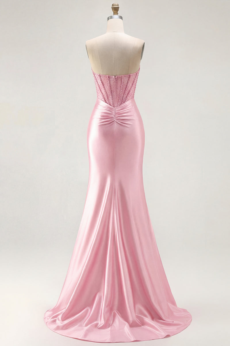 Laden Sie das Bild in den Galerie-Viewer, Rotes Trägerloses Meerjungfrauen Korsett Gerafftes Satin Langes Ballkleid mit Schlitz
