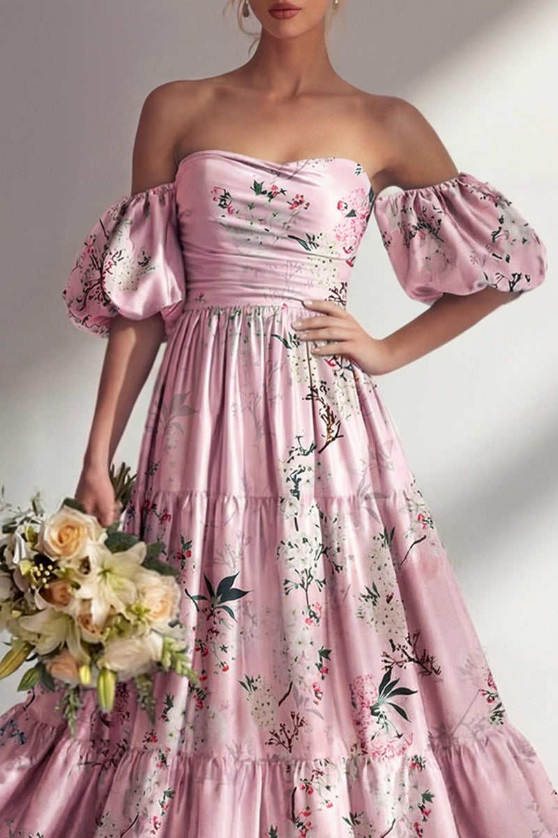 Laden Sie das Bild in den Galerie-Viewer, A-Linie pinkes, trägerloses, geblümtes Langbrautjungfernkleid mit Puffärmeln