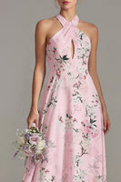 Laden Sie das Bild in den Galerie-Viewer, Pinkes A-Linien-Halterhals-Floral-Langbrautjungfernkleid