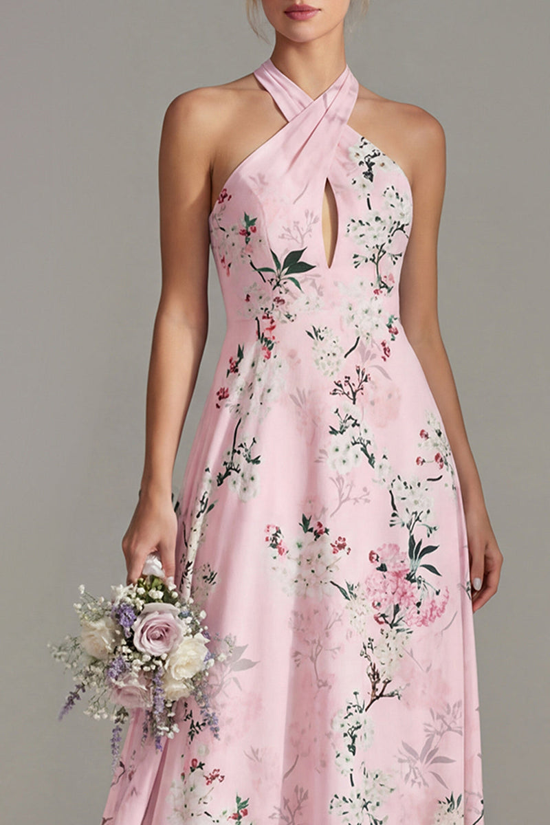 Laden Sie das Bild in den Galerie-Viewer, Pinkes A-Linien-Halterhals-Floral-Langbrautjungfernkleid