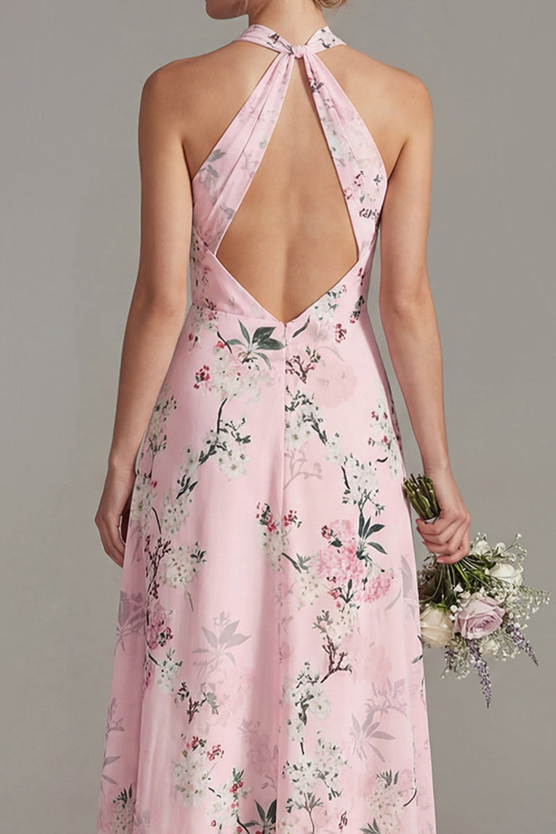 Laden Sie das Bild in den Galerie-Viewer, Pinkes A-Linien-Halterhals-Floral-Langbrautjungfernkleid