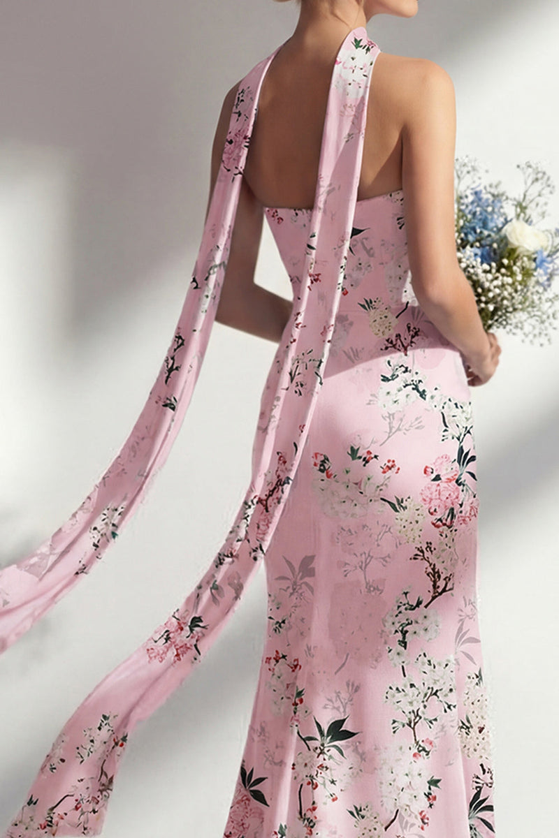 Laden Sie das Bild in den Galerie-Viewer, Meerjungfrauenrosa trägerloses, mit Blumenmuster langes Brautjungfernkleid mit Schlitz
