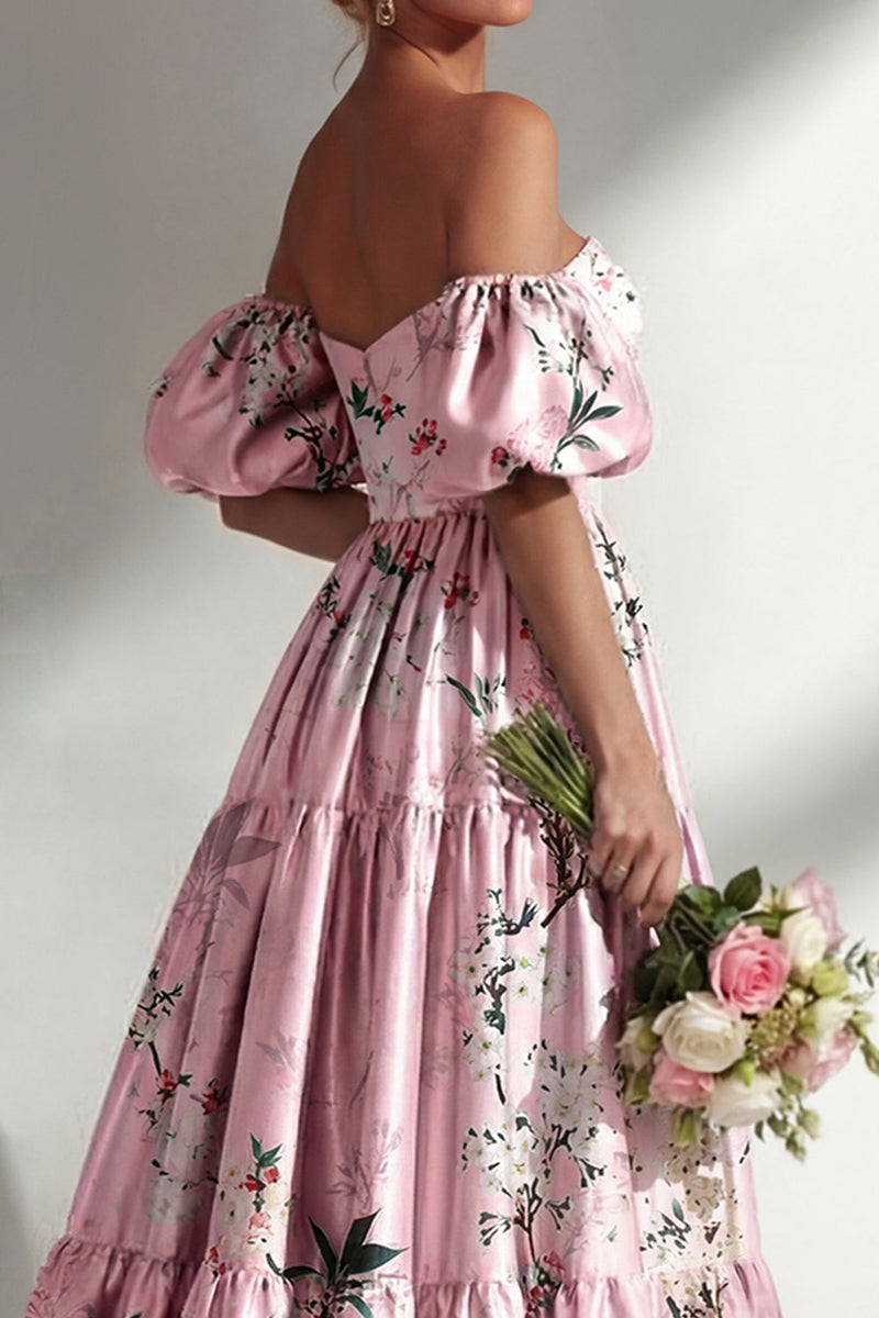 Laden Sie das Bild in den Galerie-Viewer, A-Linie pinkes, trägerloses, geblümtes Langbrautjungfernkleid mit Puffärmeln