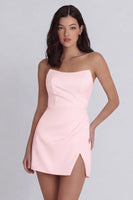 Laden Sie das Bild in den Galerie-Viewer, Trägerloses Bodycon Gerafftes Elfenbein Minikleid mit Schlitz