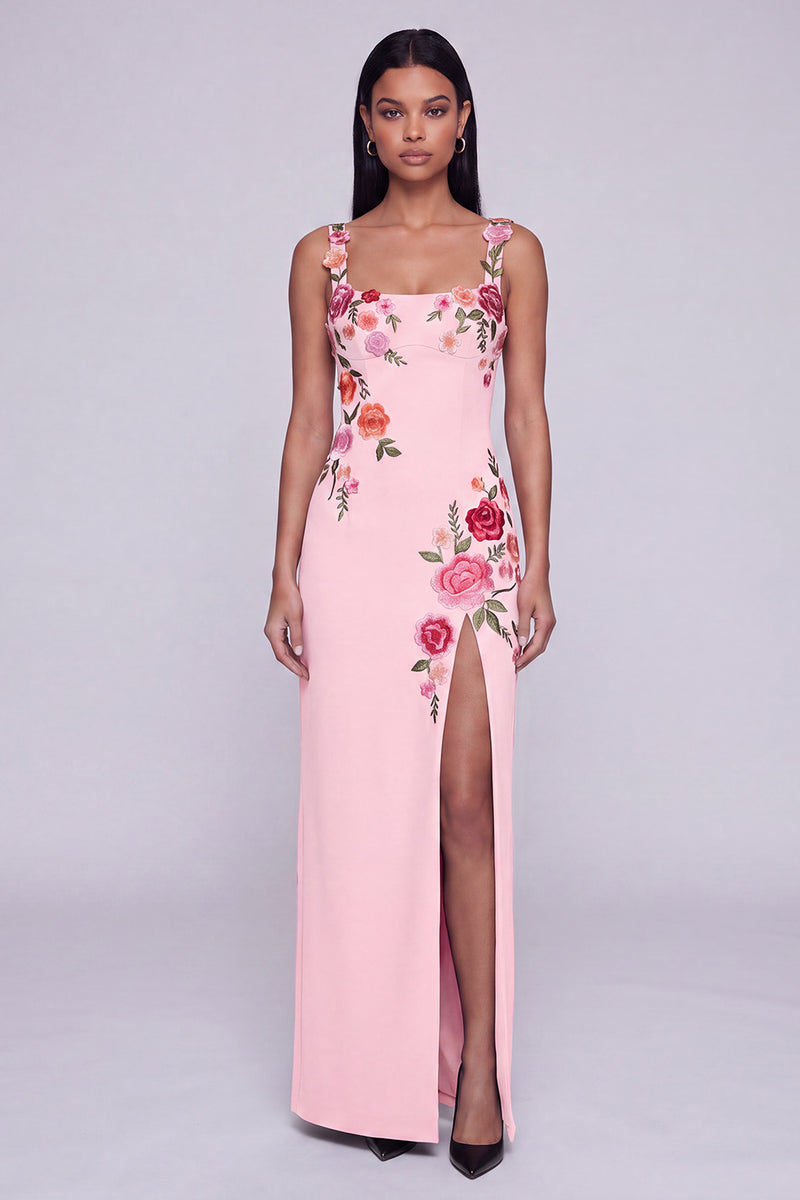 Laden Sie das Bild in den Galerie-Viewer, Schwarzes Florales Quadrathals Scheiden Langes Festliches Kleid mit Schlitz