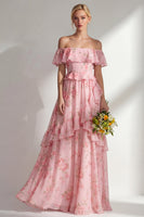 Laden Sie das Bild in den Galerie-Viewer, A-linienförmiges, gelbes, pinkes Chiffon-Chiffon-Brautjungfernkleid mit Rüschen