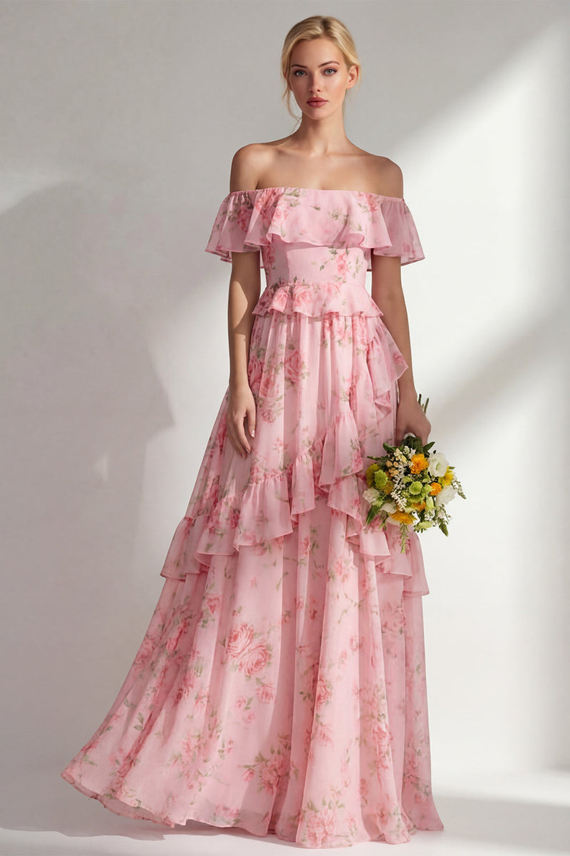 Laden Sie das Bild in den Galerie-Viewer, A-linienförmiges, gelbes, pinkes Chiffon-Chiffon-Brautjungfernkleid mit Rüschen