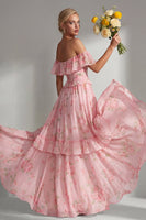 Laden Sie das Bild in den Galerie-Viewer, A-linienförmiges, gelbes, pinkes Chiffon-Chiffon-Brautjungfernkleid mit Rüschen