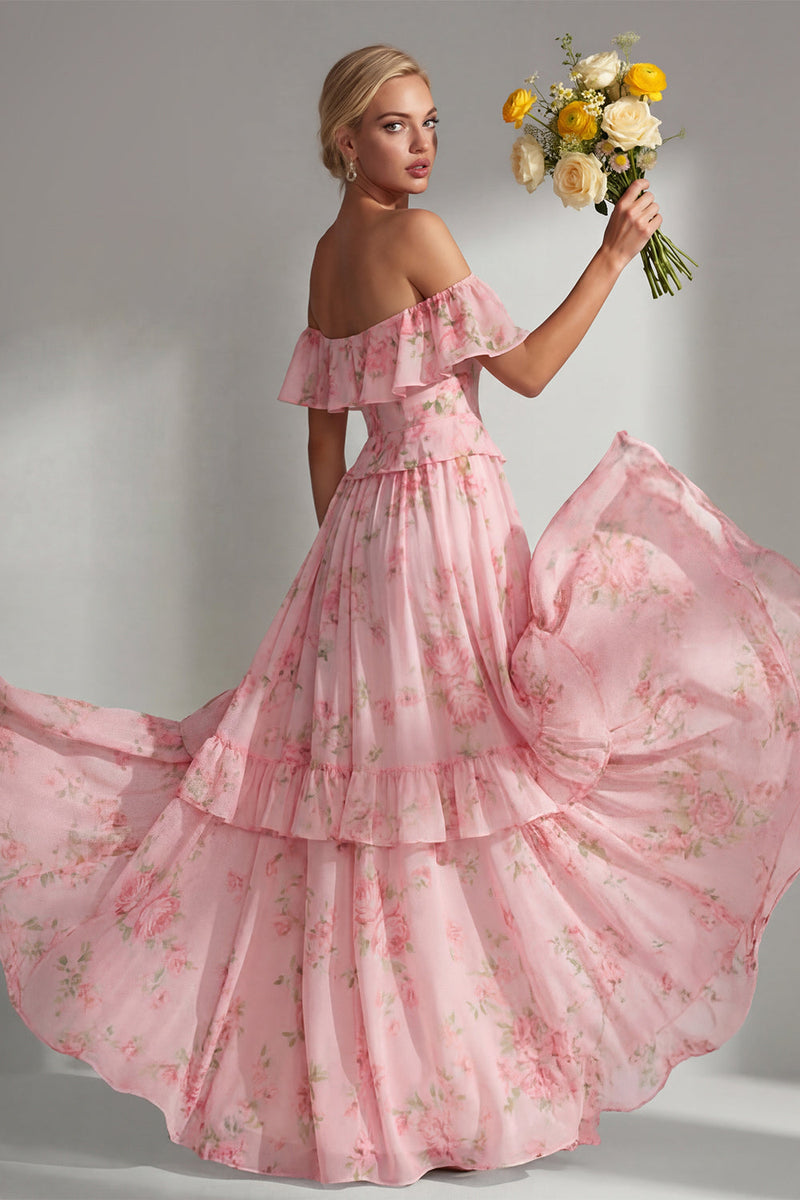 Laden Sie das Bild in den Galerie-Viewer, A-linienförmiges, gelbes, pinkes Chiffon-Chiffon-Brautjungfernkleid mit Rüschen