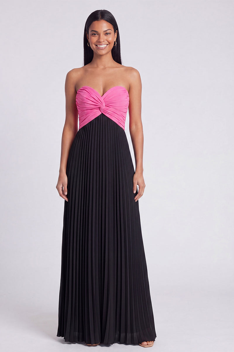Laden Sie das Bild in den Galerie-Viewer, A-Linie Rosa und Orange Sweetheart Plissiertes Maxikleid mit Schleife