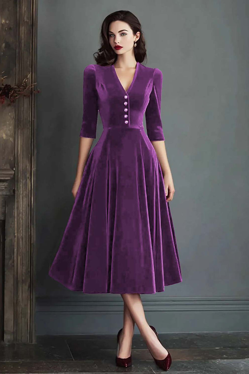 Laden Sie das Bild in den Galerie-Viewer, Burgunder A-Linie V-Ausschnitt Samt Arbeitskleid mit halben Ärmeln