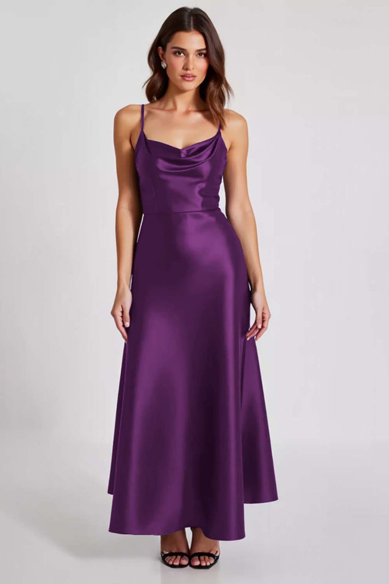 Laden Sie das Bild in den Galerie-Viewer, Marineblaues Satin Ballkleid mit Spaghettiträgern in A-Linie