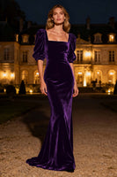 Laden Sie das Bild in den Galerie-Viewer, Marineblaues Meerjungfrau Quadratischer Ausschnitt Puffärmel Samt Langes Ballkleid