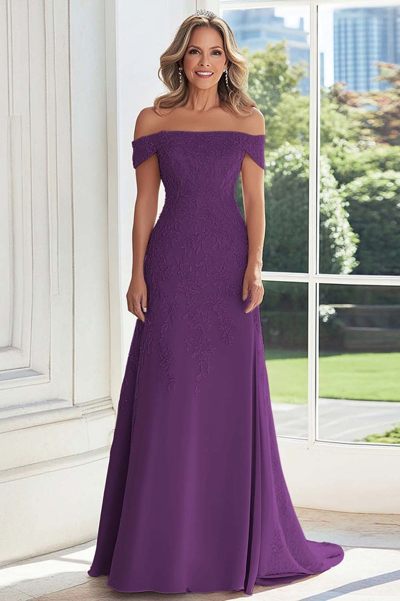 Laden Sie das Bild in den Galerie-Viewer, Taupe Scheide Schulterfreies Kleid für die Brautmutter mit Spitzenapplikation