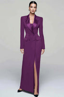 Laden Sie das Bild in den Galerie-Viewer, Schwarzes Zweireihiges Damen Blazerkleid mit Schlitz mit Spitzrevers