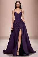 Laden Sie das Bild in den Galerie-Viewer, Dunkelblaues Spaghettiträgern Abendkleid aus Satin in A-Linie mit Schlitz
